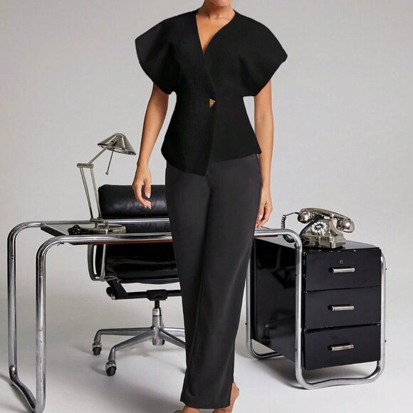 Black Elegant Women's Blouse With Butterfly Brooch - Picture 8 of 8